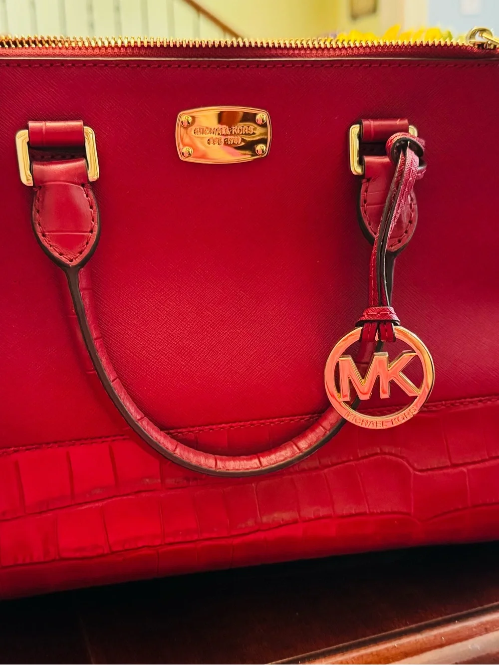 Michael Kors Red Saffiano & Croc-Trim Satchel with Gold Hardware